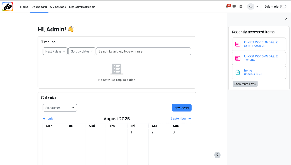 Default Moodle dashboard
